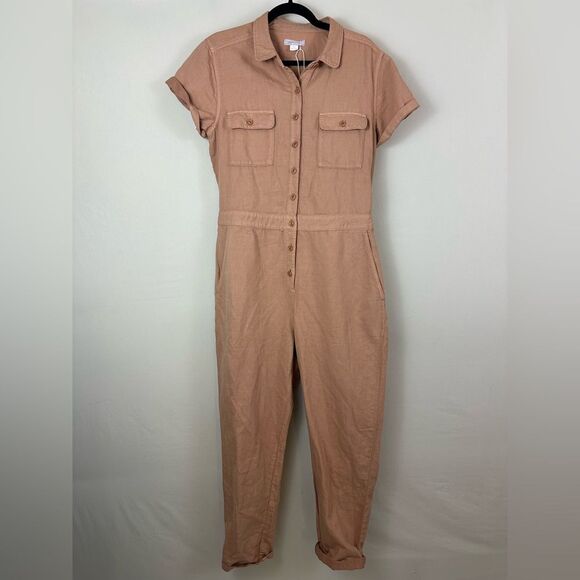 NWT Outerknown SEA Brown Cotton Linen Blend Short Sleeve Utility Jumpsuit Med - Picture 2 of 10